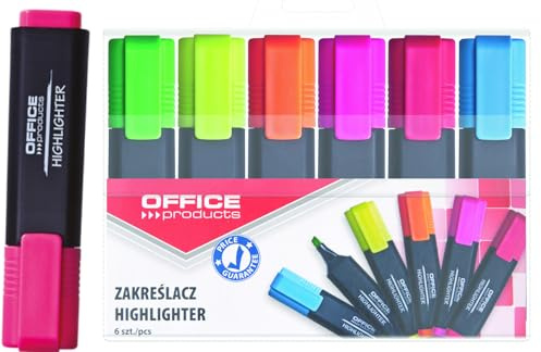 OFFICER PRODUCTS Textmarker Leuchtend 6er Pack, Gelb, Orange, Rosa, Grün, Rot, Blau, Keilspitze Leuchtfarben, Strichstärke 1-5mm