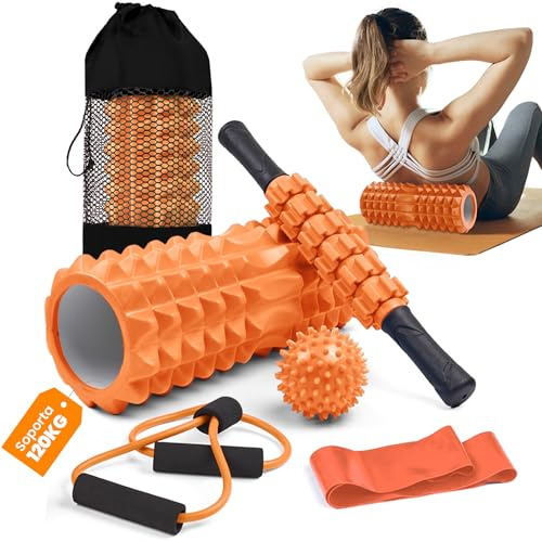 unycos - Faszienrolle【PP/EVA】| 5-in-1-Set, Muskelmassageroller/Foam Roller der 120 kg Trägt, Fitness-Widerstandsband, Massageball, Rehabilitationsstab, Formseil und Aufbewahrungstasche (Orange)