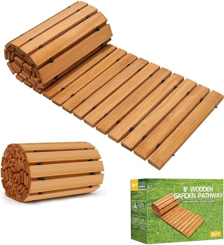Holz Gartenweg Rollweg, Ausrollbarer Holzweg 243x43cm (Natur, Gerade 8FT) | Holztritt Gartentritt Gehweg Wege im Garten, Hinterhof, Terrasse, Bodenbelag, Hochzeit Deko