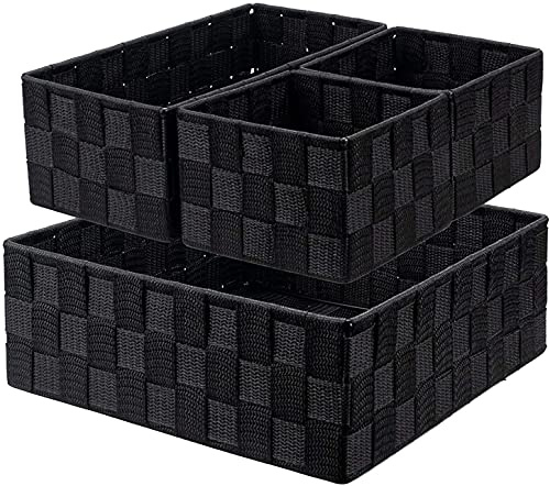 WUWEOT 4er Set Aufbewahrungskorb ohne Deckel in Rattanoptik Regalkorb Stapelbar Schwarz aus Nylon Geflochten Aufbewahrungsboxen Badkorb Aufbewahrungskörbe für Schrank Küche Wohnzimmer