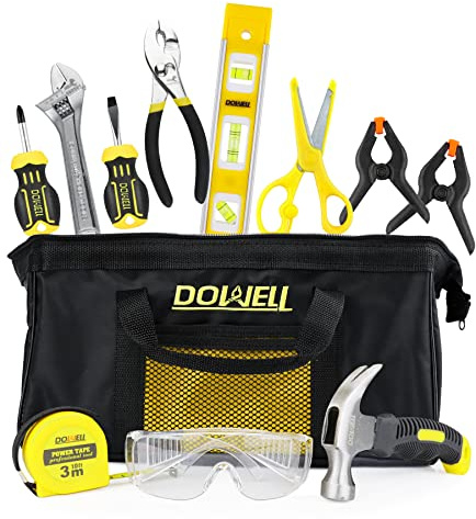 DOWELL Kinder-Werkzeug-Set mit Werkzeugtasche einschließlich echter Metall-Handwerkzeuge für Jungen & Mädchen, Kinder- und Junior-Lernwerkzeug-Set für Heim-DIY, ab 8 Jahren