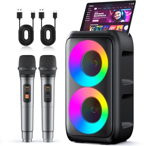 Karaoke Maschine, Karaoke Anlage Mit 2 Mikrofonen, Tragbare Karaoke Maschine Mit 2 Drahtlosen Mikrofone, Bluetooth Lautsprecher Box Für Erwachsene/Kinder Mit Led Lichteffekte, Black