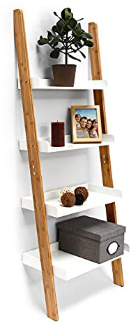 Relaxdays Leiterregal Bamboo, 4 Ablagen, Bambus, Wohnzimmer & Arbeitszimmer, Regal, HBT: 144 x 56 x 34 cm, natur/weiß