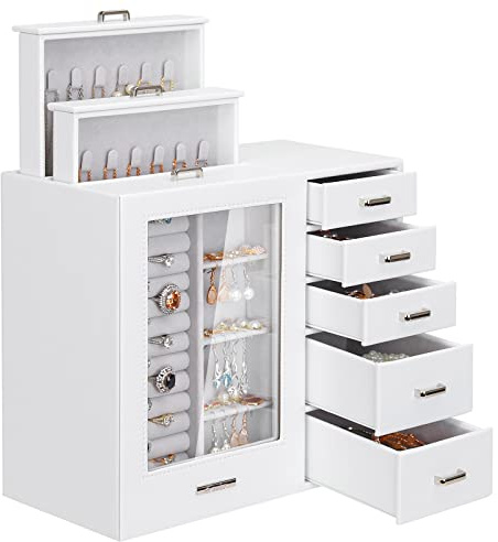 Seelux Schmuckkästchen in Weiß mit 8 Schubladen, Glasfenster für Halsketten, Ringe, Armbänder, Ohrringe Schmuckkoffer Schmuckschatull Schmuckkasten (Weiß)