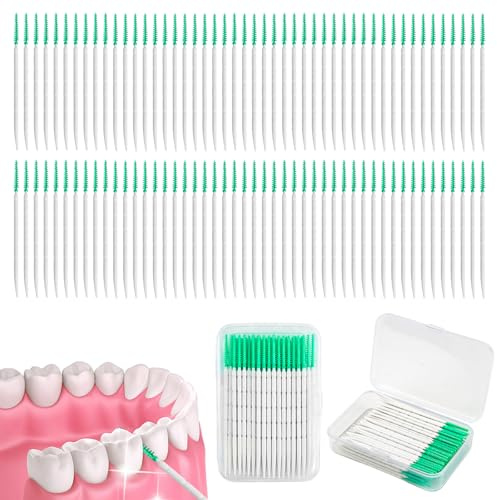 400 Stück Interdentalbürsten Silikon Weich, Zahnzwischenraumbürsten für Zahnreinigung Zwischenräume, Dentalbürsten, Zahnseide Stick klein in Grüne Farben mit Tragbarer