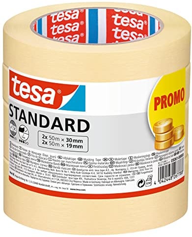 tesa Malerband Standard - 4er Pack - Malerabdeckband mit starker Haftung zum Abkleben bei Malerarbeiten - lösungsmittelfrei - 2 x 50m x 19mm + 2x 50m x 30mm
