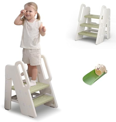 hoopyosms Tritthocker für Kinder, 2/3-Stufig Höhenverstellbar, Faltbarer Kinderschemel mit Handläufen, Anti-Rutsch, Ideal für Bad und Küche, Trittleiter für Kleinkinder (Grün)