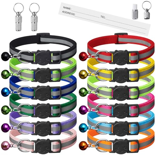 Extodry 12 Stück Reflektierende Katzenhalsband mit Namen Adresse und Halsband Katze mit Sicherheitsverschluss,Verstellbar Kitten Halsband,Personalisiert Haustierzubehör(12 Farben & 2 ID Tag)