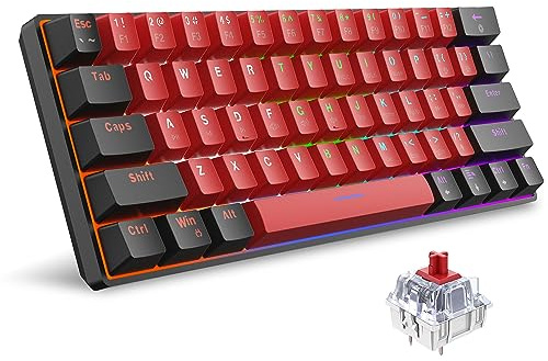 Snpurdiri 60% kabelgebundene mechanische Tastatur, Mini-Gaming-Tastatur mit 61 roten Schaltertasten für PC, Windows XP, Win 7, Win 10 (schwarz-rot, rote Schalter)