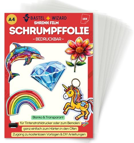 BastelWizard - Premium Schrumpffolie zum Basteln - 10 Schrumpffolie bedruckbar - DIN A4 Bastelfolie für Kinder & Erwachsene DIY