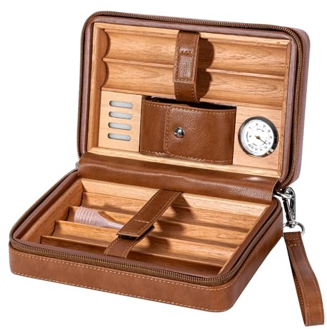 Goshentech Leder Zedernholz Humidor Etui, Kapazität: 6 Stück, tragbare Reise Humidor Box mit Befeuchter (Braun)