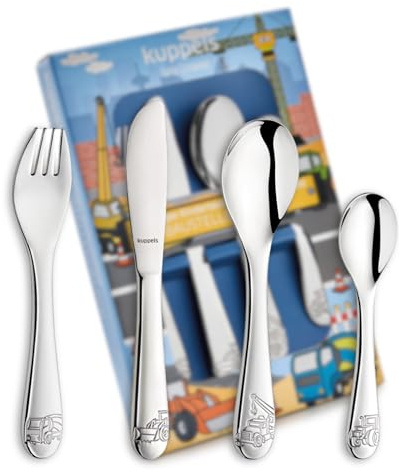 Kuppels Kinderbesteck 4-tlg, rostfreier 18/10 Edelstahl, Baggermotiv | Ab 4 Jahre, ergonomische Griffe, spülmaschinenfest und tolle Baustellenfahrzeuge-Motive für Kinder