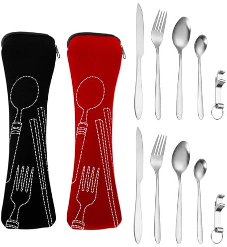 Campingbesteck Set, 2 Sets Edelstahl Besteckset Outdoor Reisebesteck | Essbesteck Set mit Löffel, Messer, Gabel, Flaschenöffner, Portable Besteck Edelstahl Camping für Reisen, Schule, Büro,Camping