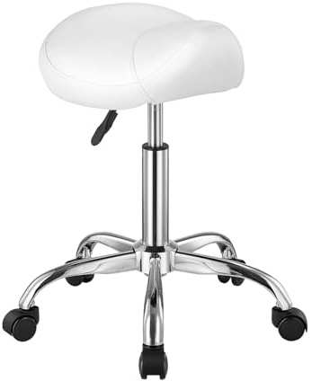 VEVOR Sattelhocker Rollhocker 204 kg belastbarer höhenverstellbarer (55-71 cm) Drehhocker Arbeitshocker, ergonomischer verdickter PU-Leder-Drehsattelstuhl für Salon Spa Massage Klinik, Weiß