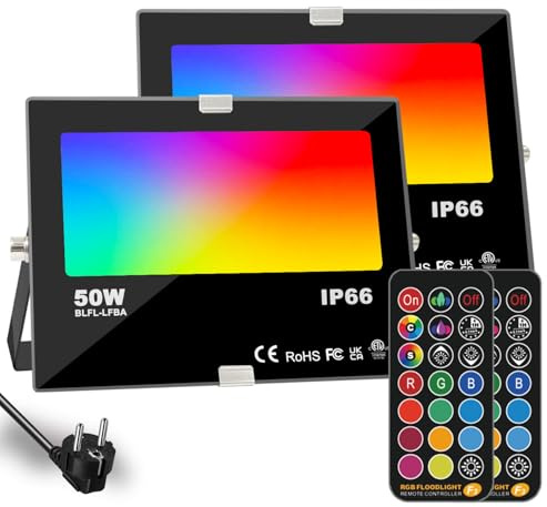 HEKEE Led Strahler Außen, Farbwechsel, DIY-Blitzmodus, RGB Led Fluter 12 Farben, Timer, Fernbedienung inklusive, IP66 wasserdicht (2 Packungen)