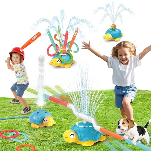 4 in 1 Wasserspielzeug Kinder, Sommer Schildkröte Wassersprinkler Spielzeug | mit Baseball, Wurfspiel, Sprungaktion & 360° Drehende Splash Spiele, Outdoor Garten Spielzeug für 3-12 Jahre Jungen Mädchen