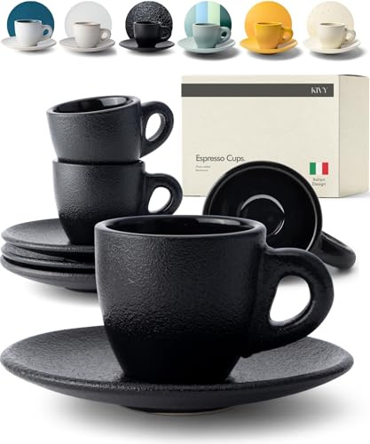 KIVY Espresso Tassen Set 4x 75ml - Handgefertigt aus dickwandigem Steingut | Handgefertigte Espresso Tassen dickwandig - Italienische Espressotassen Steingut Dickwandig - Barista - Schwarz - Mokkatassen