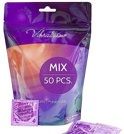 VIBRATISSIMO Kondome Mix 50er Pack gemischt | gefühlsecht & extra feucht | Beutel dünne Wandstärke & Aromatisiert | hauchzart genoppt & gerippt