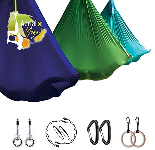 AerialX Aerial Yogatuch - Fitness Set Eisblau | Yoga Hängematte Mit Turnringe Und Deckenanker Für Pilates Und Gymnastik | Vertikaltuch | GS Geprüfte Sicherheit Aus Deutschland