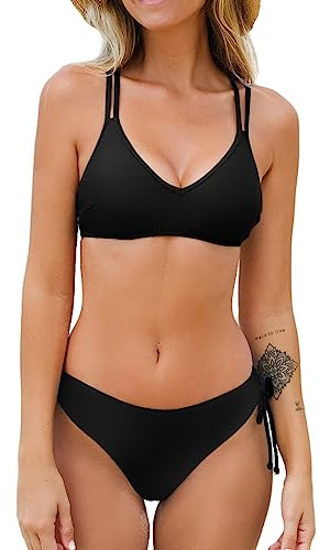 CUPSHE Damen Bikini Set V Ausschnitt Low Waist Crossback Schwarz S