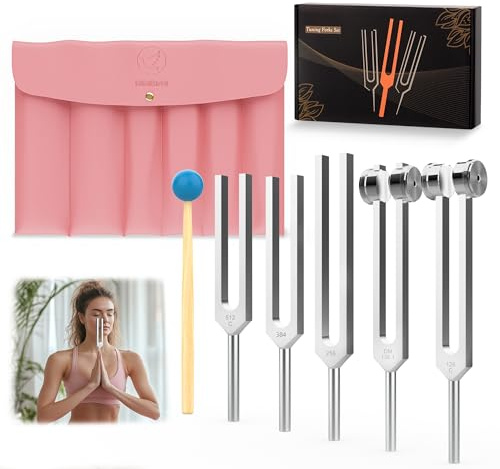 DiDiBirDi Stimmgabel Set 5 Stimmgabeln (128Hz, 136.1Hz, 256Hz, 384Hz, 512Hz),mit PU-Leder Etui & Gummihammer, für Yoga, Meditation, Entspannung
