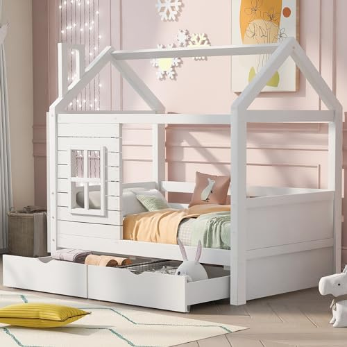 HESHU Kinderbett Hausbett 80x160 cm, Bettgestell mit Fenstern und 2 Schubladen, Kinderbett mit Dach, Massivholz Bett mit Rausfallschutz und Lattenrost, ohne Matratze, Weiß