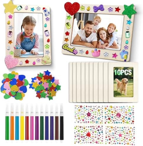 MinXin 10 Stück DIY Basteln Bilderrahmen für Kinder, Bilderrahmen Holz Set, 19x14cm, Holzbilderrahmen Set mit Stife/Sticker, Geschenk für Weihnachten/Deko/Bemalen/Geburtstag