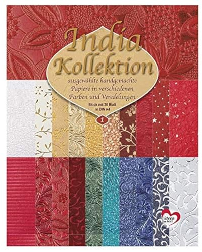 Ideen mit Herz Handgeschöpftes Deko-Papier | India Kollektion | Hochwertig veredelt | DIN A4 | Block mit 20 Blatt (Sortierung 1)
