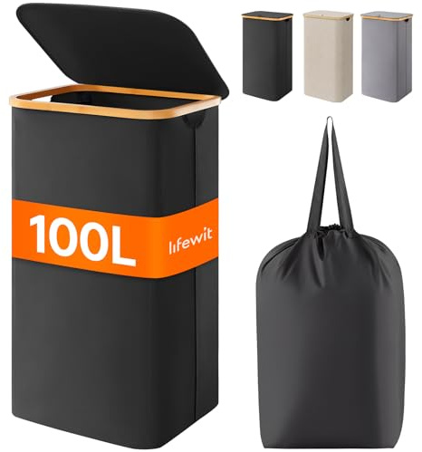 Lifewit 100L Wäschekorb mit Deckel, Wäschekörbe für Wäsche mit Bambus Griffe und Eine Abnehmbare Wäschesack, Große Faltbare Wäschekorb für Schlafzimmer, Bad, Schlafsaal, Waschküche, Schwarz