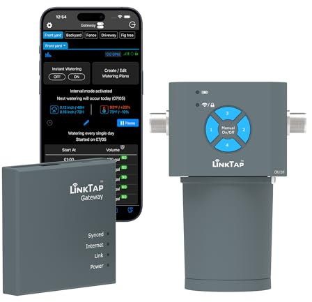 LinkTap Smart 4-Zonen Bewässerungssteuerung Set inkl. Gateway, Batteriebetrieben, App-Steuerung, Wettergesteuert, Hohe Funk-Reichweite, Spart Wasser, Kompatibel mit 1 & 2 Durchflussmessern