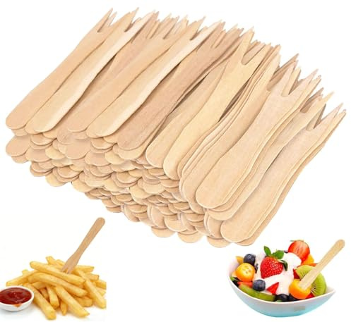 300 Stück Holzgabeln Pommesgabel, Birke Gabeln, 85mm Kleine Gabeln Holz, Pommes Frites Gabelns Partygeschirr, Holzmesser, Pommes Frites Gabel für Party Geburtstag Camping Und Picknick