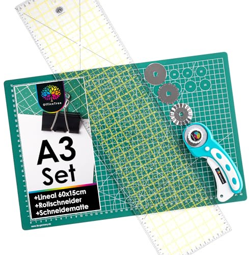 OfficeTree Schneidematte A3 Set selbstheilend 45x30 cm – Rollschneider Stoff mit 3 Klingen + Patchworklineal 60x15 cm – Schneidunterlage Nähzubehör zum Quilten