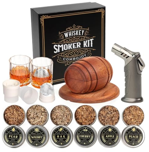 Whiskey Smoker Kit with Torch,6 Flavors Wood Chips, 2 Glasses, 2 Ice Ball Molds,Cocktail Smoker Infuser Kit, Old Fashioned Drink Smoker Kit, Husband , Boyfriend (Without Butan)