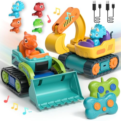 SOGAWEBB 2 Stück Ferngesteuertes Auto ab 3 Jahre, Wiederaufladbar Bagger & Bulldozer Kinder 2 Jahre mit Dinosaurier-Figuren, Spielzeug ab 2 3 4 Jahre Junge