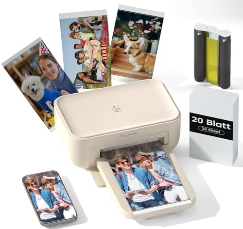 HPRT Fotodrucker 10x15, Mobiler Fotodrucker für Smartphone mit 20 Fotoblättern & 1 Farbband, Mini Photo Printer Ideal für Reisen, Zuhause & als Geschenk, Beige