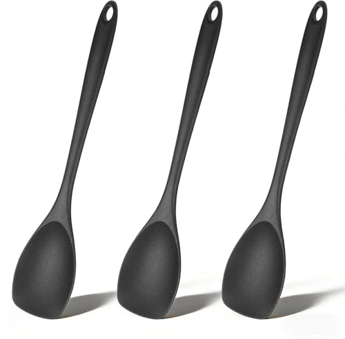 cobee 3 Stück Silikon Rührlöffel, 27cm Kochlöffel Schwarz Silikonlöffel | Antihaft Silikonlöffel Servierlöffel Hitzebeständiger Silikon Löffel Küchenutensilien für Kochen Rühren Mischen Servieren