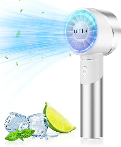 OUILA Handventilator, 2600mAh Mini Ventilator aus Metallwerkstoff USB Aufladbar Tragbarer Akku Ventilator mit 4 Geschwindigkeiten Max 7000rpm 16 Std. Klein Hand Ventilator, Weiß