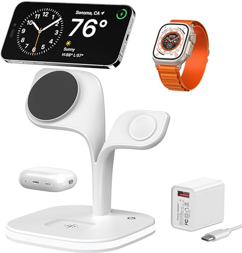 EXW 5-In-1 Apple Ladestation, Mag-Safe Ladegerät für iPhone 17/16/15/14/13/12 Serie, Faltbar iPhone Ladestation für Apple Watch & AirPods (Weiß)