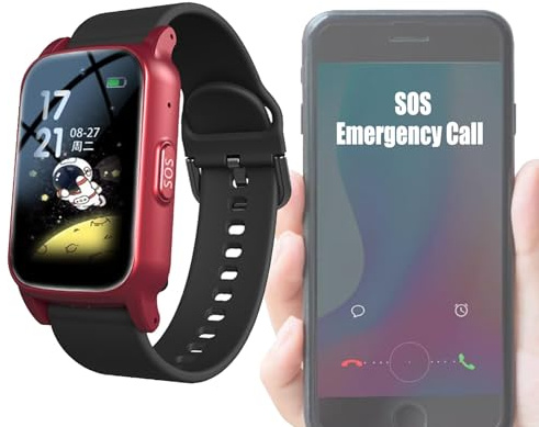 Vexorium Sturzerkennungsgeräte für Senioren, GPS Smartwatch mit Sturzerkennung, HD Videoanruf, IP67 wasserdicht, HD Sprachanruf, Pflege älterer Menschen,Rot