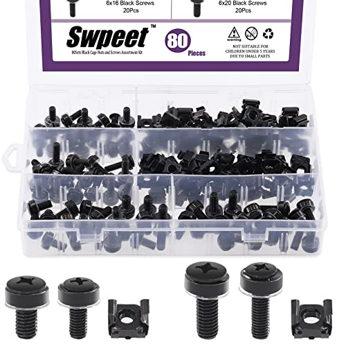 Swpeet 80 Packungen 4 Größen M5 M6 Schwarz Computer-Befestigung Käfigmuttern und Schrauben mit Metall- und Kunststoff-Unterlegscheiben-Sortiment
