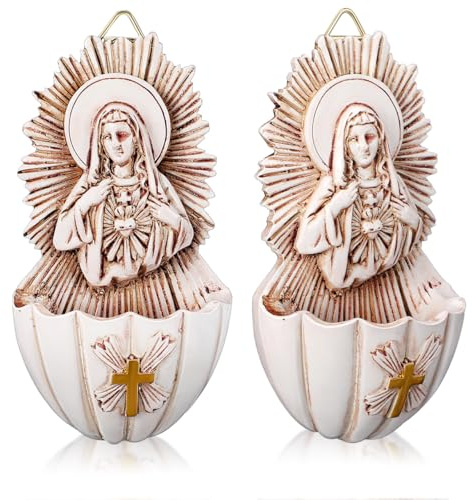 ULTECHNOVO Weihwasserbecken für Zuhause Wandmontage 2er Set, Religiöse Wanddekoration aus Hochwertigem Reszin mit Kreuz & Madonna Motiv, Katholische Geschenke zur Erstkommunion, Taufe & Einzug