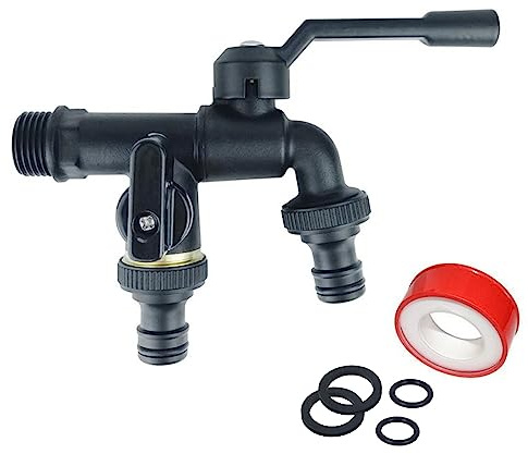 Beruyu Wasserhahn Garten 3/4 Zoll, Doppel Auslaufhahn aus Messing, Schwarz | Rost-und Frostsicher, Kugelhahn Aussen Doppelwasserhahn mit 2 x 3/4 Zoll Abgänge, für Garten, Waschmaschine, Regentonne