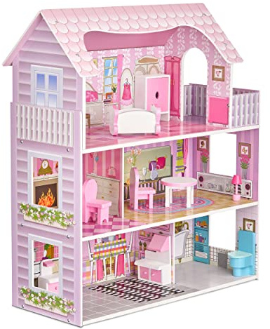 Balinco Holz Puppenhaus mit Möbelset, Detaillierte Einrichtung, Schadstofffreie Farben, Puppenvilla Holz, Puppenhaus, Puppenstube, Geburtstagsgeschenk