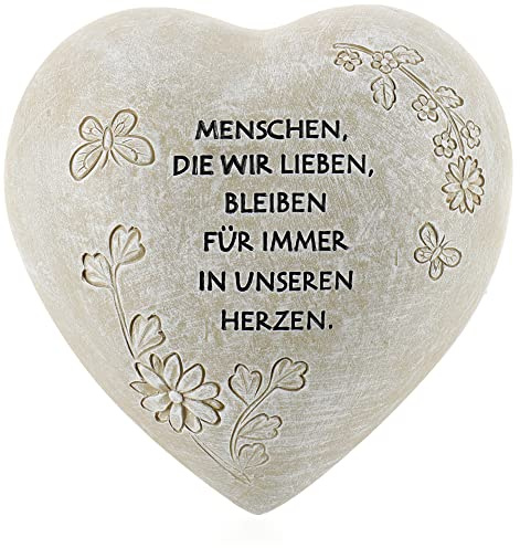 com-four® Grab-Dekoration in Herz-Form - Gedenkstein mit Aufschrift - wetterfester Grabschmuck mit Schmetterlingen - verzierter Trauerstein mit Gedenkspruch