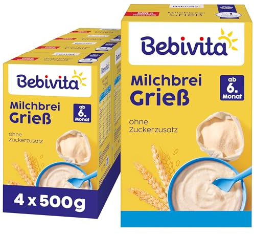 Bebivita Milchbrei Grieß (4x500g), Babybrei ab 6. Monat, ohne Zuckerzusatz, mit wertvollen Mineralstoffen und Vitaminen, gut sättigend