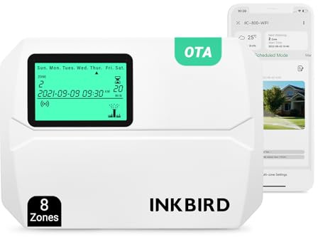 Inkbird bewässerungscomputer,IIC-800-WIFI 8 Zonen Programmiergerät Bewässerungssystem Saisonale Anpassung Mit Wetterfester Abdeckung Regenumgehung