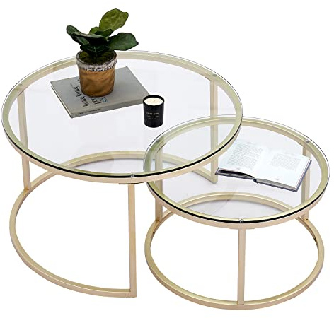 hitsuki Gold Couchtische Glas Couchtisch 2er Set mit 1 Großer Couchtisch Rund und 1 Kleiner Tisch, Beistelltisch Rund aus Metallgestell Wohnzimmertisch Modern, 80+60 cm