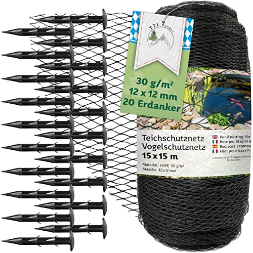 TTL GARDEN 15x15m Teichnetz Vogelschutznetz schwarz 30g/m² - 12x12mm engmaschig Starkes HDPE Poolnetz Obstbaumnetz Gartennetz, Vogelabwehr Netz, reißfest dehnbar robust mit 20 Bodenanker