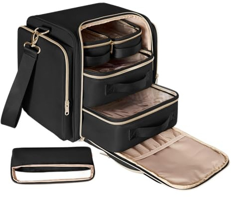 Prokva große Reise-Kosmetiktasche mit 5 Innentaschen, Schwarz | 5 Herausnehmbare Taschen, Herausnehmbare Trennwände, Verstellbare Riemen, Nur Leere Tasche