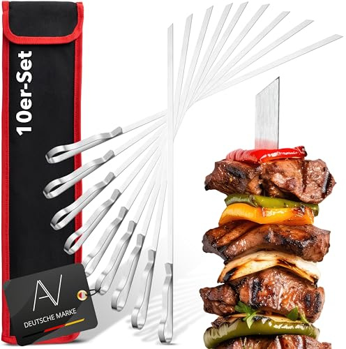 AVANA Grillspieße aus Edelstahl 10 Stück Wiederverwendbar Schaschlikschpieße 43cm Grill Kebap Schampura Fleischspieße lange Spieße für Fleisch & Gemüse